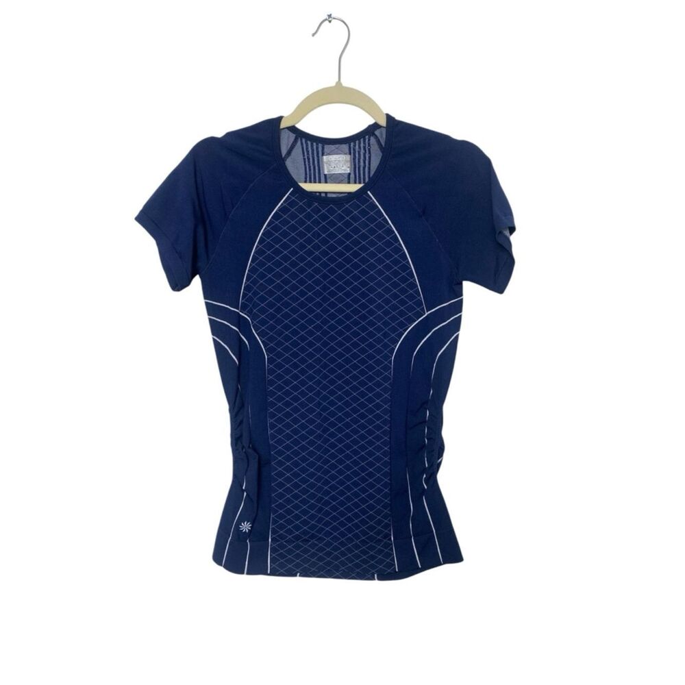 Athleta Navy Blue Short Sleeve Muscle Tee with White Piping